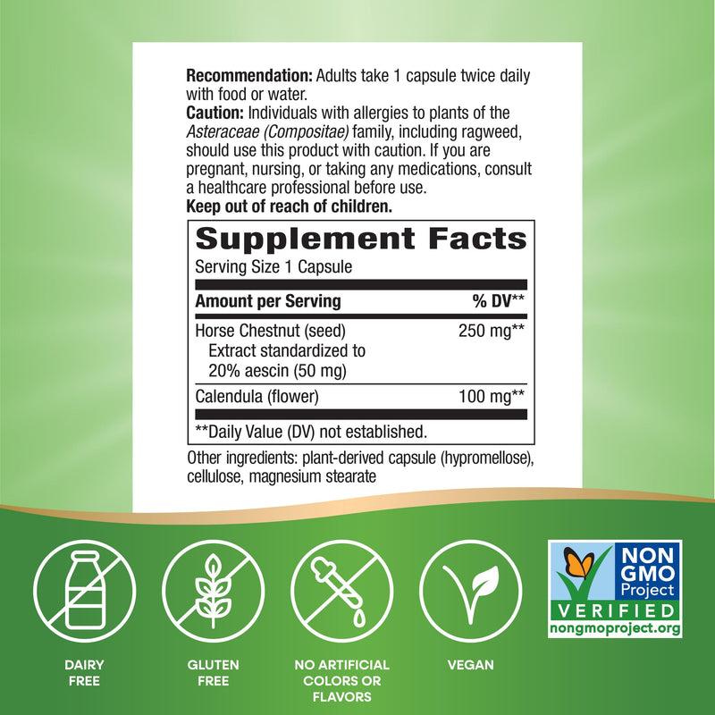 Nature's Way Standardized Horse Chestnut, Premium Extract, Promotes Healthy Leg Veins*, 250 mg per Serving, Vegan, 90 Capsules (Packaging May Vary) 90 Count (Pack of 1) - BeesActive Australia