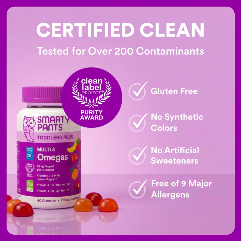 SmartyPants Toddler Plus Multi & Omegas Multivitamin Gummies, Omega 3 DHA/EPA, Vitamins D3, C, B12, B6, A, K, Zinc, Biotin, Gluten Free, Clean Label, Low Sugar, 3 Flavors, 120 Gummies (60 Day Supply) 120 Count (Pack of 1) Multi + Omega - 60 Day Supply