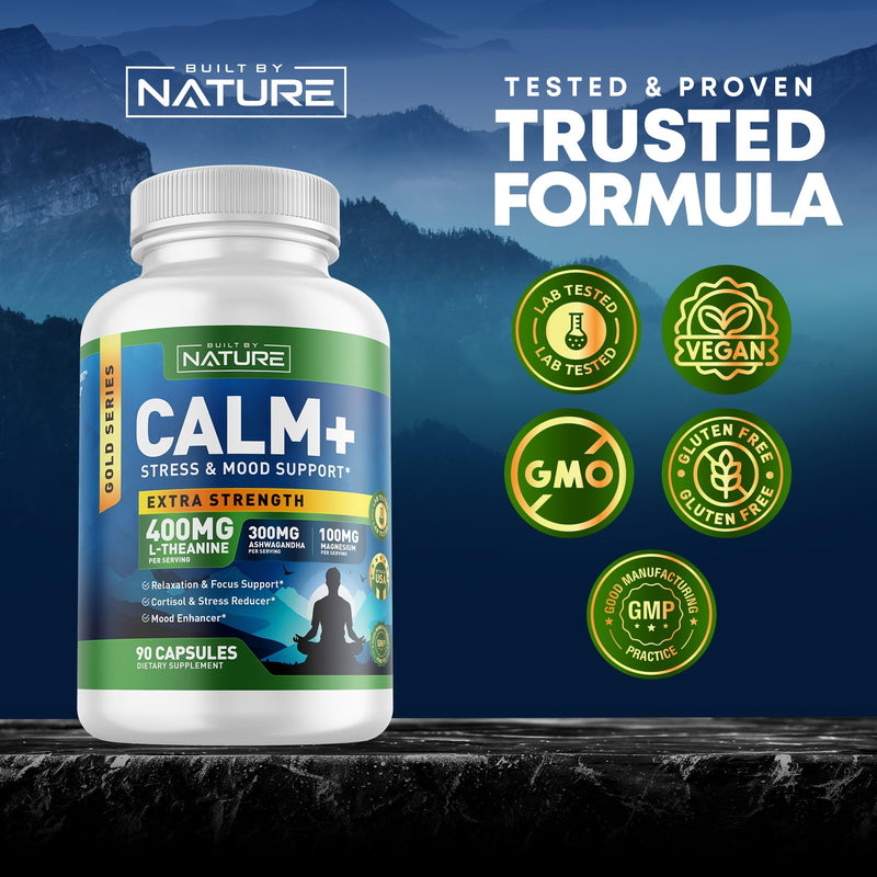 Built by Nature Calm+ Relaxation & Focus Supplement, 90 Capsules Stress, Cortisol & Mood Support, L-Theanine, Ashwagandha, Magnesium Glycinate, Vitamin D3