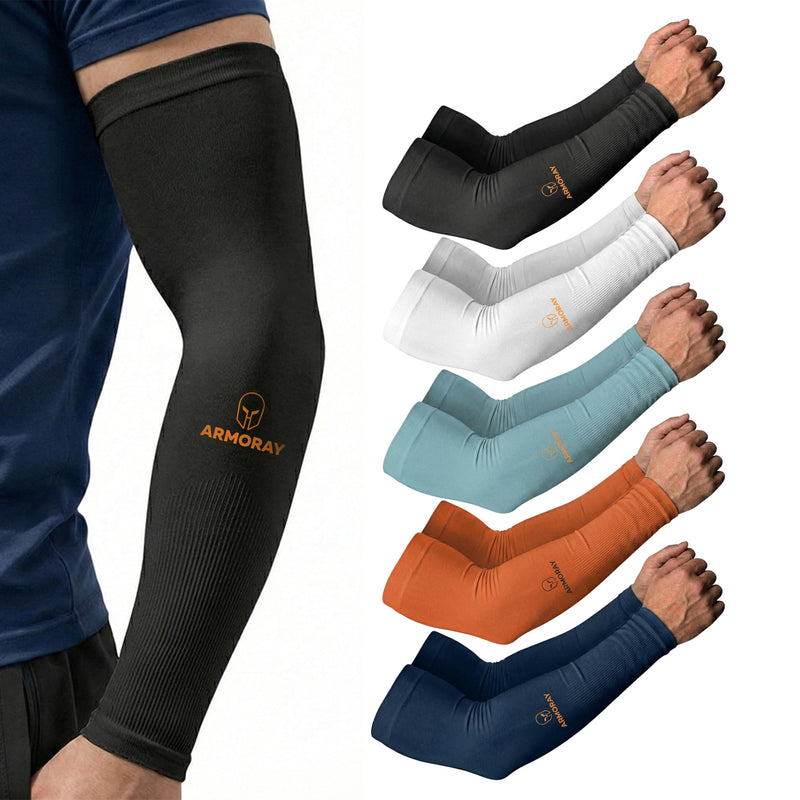 ARMORAY Arm Sleeves for Men and Women - UV Sun Protection Cooling Compression - Tattoo Cover Up Sleeve for Daily Wear & Work Black + White + Blue + Orange+ Navy (5 Pairs) One Size Fits Most - BeesActive Australia