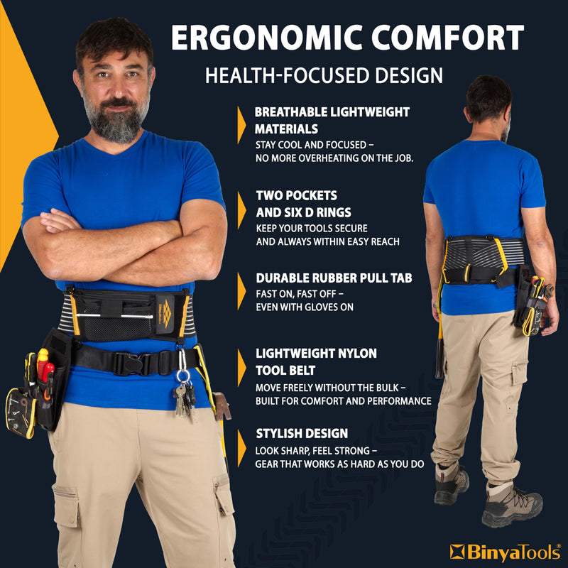 BINYATOOLS Tool Belt with Lumbar Back Support for Tradesman Pro Construction Electrician 2" Tool Belt for Men Orthopedic Lower Back Brace for Heavy Lifting Lightweight with D Rings and Pockets- XL Extra large