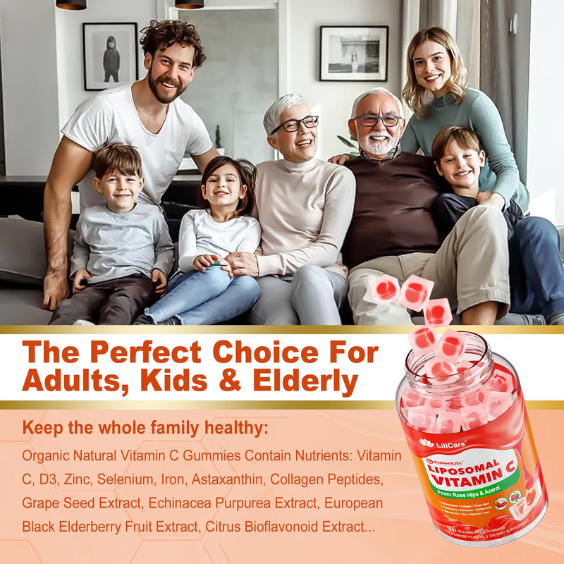 Natural Liposomal Vitamin C 1000mg Gummies for Adults & Kids 9+, Chewable Vitamin C w/ 11mg Zinc, D3, Elderberry, Echinacea, , Bioflavonoid, Immune Support, Whole Food VIT C from Fruits, Sugar Free 60 Count (Pack of 1)