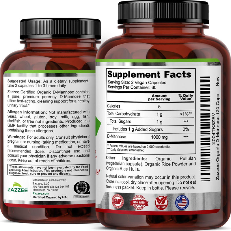 Zazzee USDA Organic D-Mannose, 1000 mg Per Serving, 120 Vegan Capsules, 2 Month Supply, Non-GMO, Urinary Tract & Bladder Support, Potent & Fast-Acting, Lab Tested for Quality & Purity, Made in USA