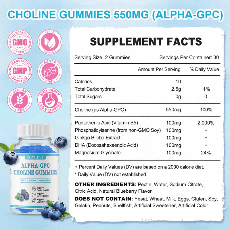 2 Pack Choline Gummies (ALPHA GPC) 550mg,Brain & Liver, Adults & Kids,120Ct | Choline Supplements with DHA, Vitamin B5, Liver, Brain & Cognition Health, Focus & Energy, Vegan, Sugar-Free, BlueberryFlavor 60 Count (Pack of 2)