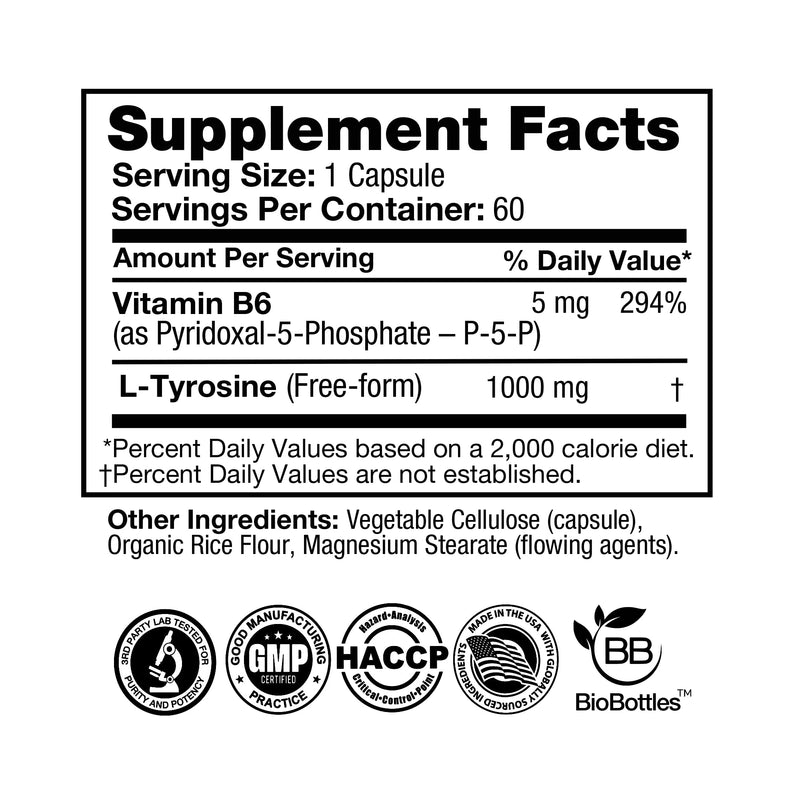 Feelgood Company L-Tyrosine with Vitamin B6 (P-5-P), 1000 mg, Mental Alertness and Cognitive Function Support, 60 Capsules, 2 Month Supply
