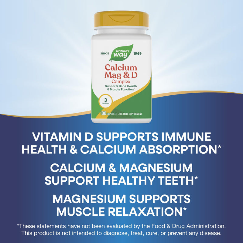 Nature's Way Calcium Magnesium & Vitamin D Complex Capsules, 100 ct | Supports Healthy Bones & Teeth, Muscle Function and Muscle Relaxation*, with Vitamin D3, Gluten Free 100 Count (Pack of 1)