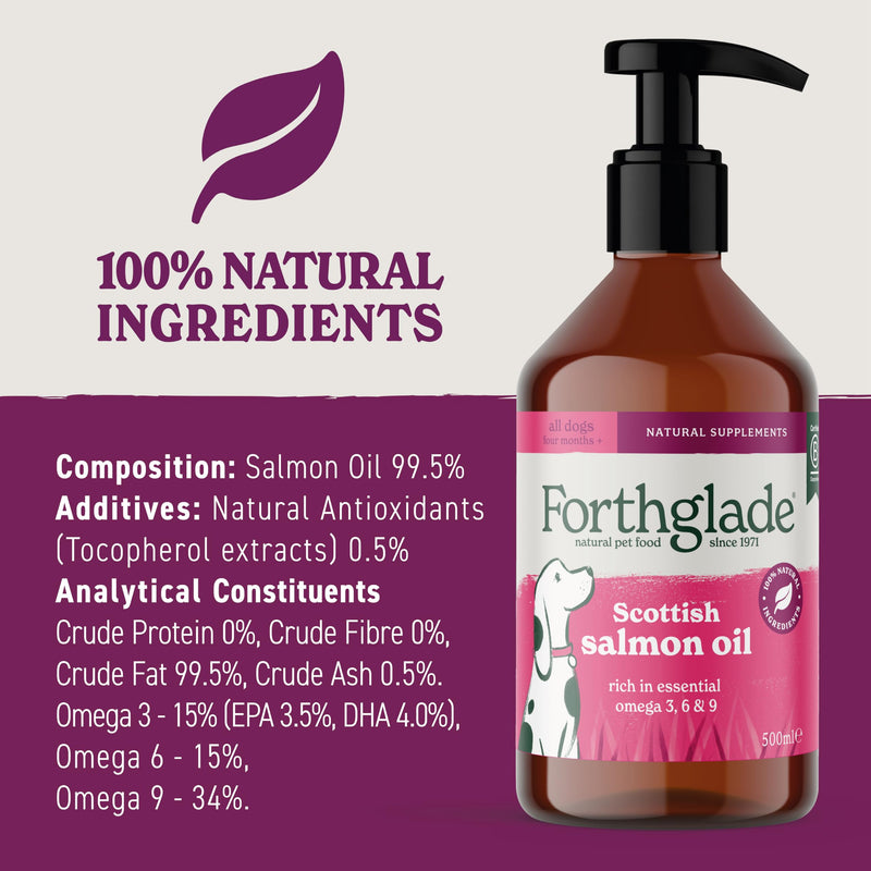Forthglade Scottish Salmon Oil for Dogs (1 x 500ml), UK Sourced Omega 3 Fish Oil Dog Joint Supplement for Pets Aged 4+ Months, 100% Natural Premium Quality Dog Vitamins for Everyday Wellbeing