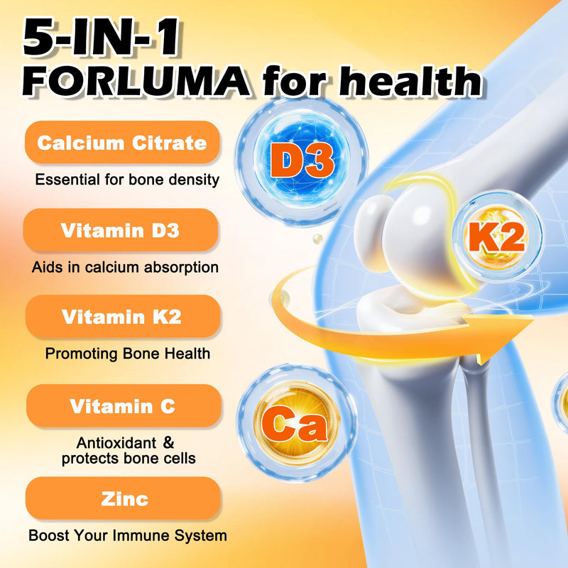 5-in-1 Calcium Citrate Gummies 1200mg with D3, K2, Zinc, VC | Sugar Free, Non-GMO Chewable; Immune Support,Teeth & Muscle Healthy for Women & Kids; 60 Count; Orange Flavor 60 Count (Pack of 1)