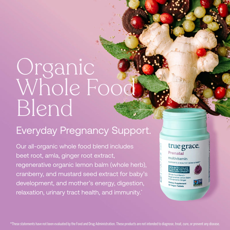 True Grace Prenatal Multivitamin - 30 Servings - Supports a Healthy Mom & Baby with Methylfolate & Choline for Fetal Brain Development - Gluten Free, Soy Free - 60 Vegan Tablets 30 Day Supply