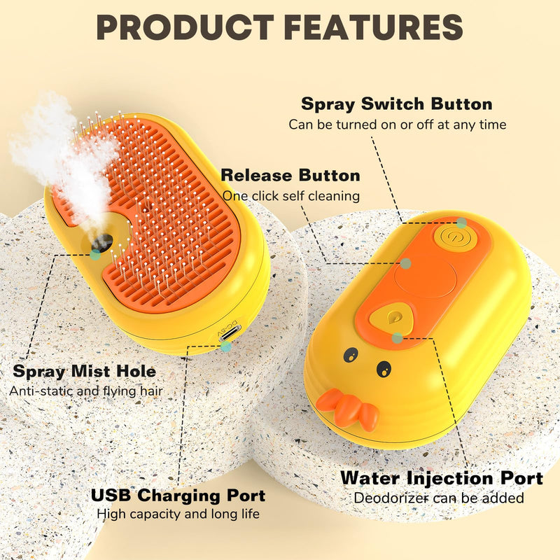 Cat Steam Brush for Shedding, Steam Brush for Cats with Release Button, 3in1 Self Cleaning Cloud Care Cat Hair Brush, Rechargeable Cat Deshedding Brush with Steam for Long & Short Haired Cats and Dogs Yellow - BeesActive Australia