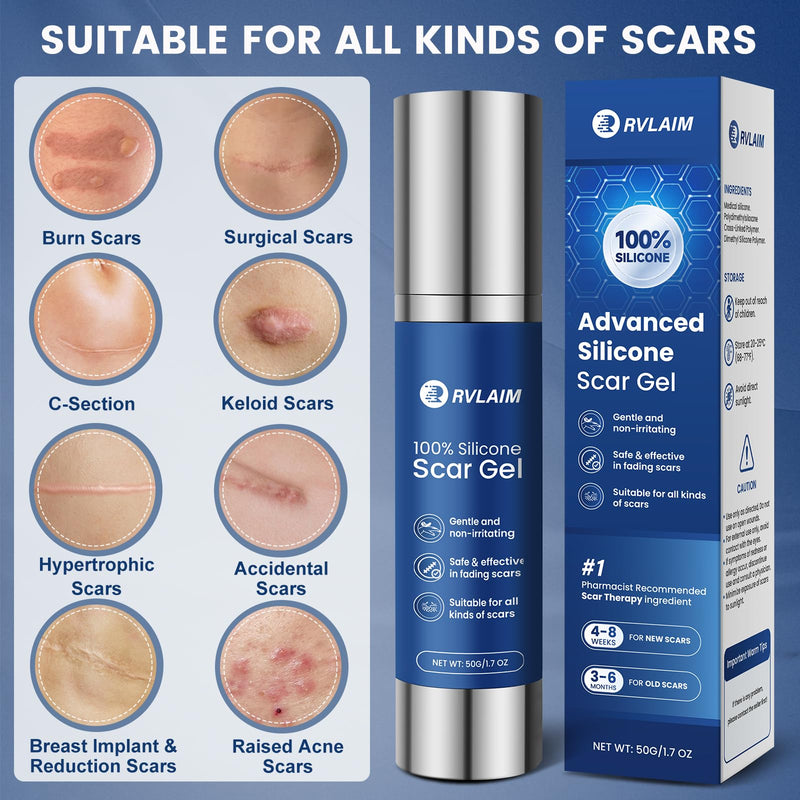 Rvlaim 100% Silicone Scar Gel Scar Cream, Advanced Silicone Gel for Removal of Surgical, Burns, Acne Scar, Old and Recent Scars and Stretch Marks, 1.7 oz/50ml 50ML