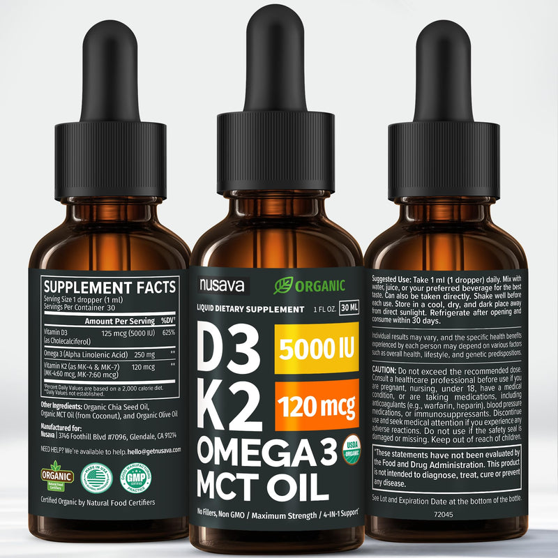 (4 Pack) Organic Vitamin D3 K2 Drops with MCT Oil & Omega 3 - Liquid Vitamin D3 5000 IU - K2 D3 Vitamin Supplement - Vitamin D Drops for Women & Men - No Fillers, Non-GMO, GMP, Unflavored (4 Fl Oz) Unflavored (Regular) 1 Fl Oz (Pack of 4)