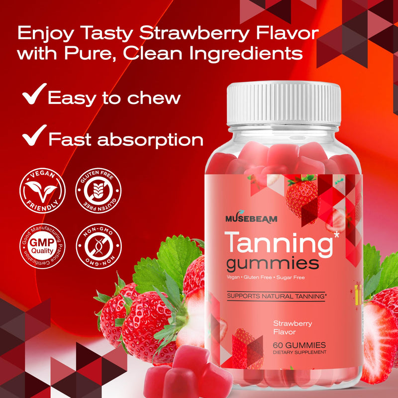 musebeam Tanning Gummies for Women - Daily Self Tan Chews Without Sun | Sunless Tan Skin Health Glow Up Sugar Free Vegan Oral Melanin Supplement with Beta Carotene Astaxanthin Lycopene 60 Count (Pack of 1)