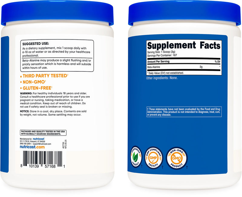 Nutricost Beta Alanine Powder 500 Grams (1.1lbs) - Pure Beta Alanine, Gluten Free & Non-GMO 1.1 Pound (Pack of 1) - BeesActive Australia
