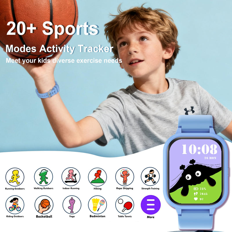 20+ Sports Modes Kids Smart Watch for Boys Girls, IP68 Kid Watch with Bluetooth Call, Kids Fitness Tracker with APP, Heart Rate Sleep, Pedometer, Class Mode, Alarm, 14 Games, Teens Festival Party Gift Blue - BeesActive Australia