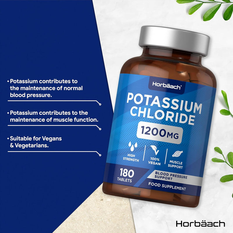 Potassium Supplement High Strength 1200mg | 180 Vegan Tablets | 624mg of Potassium & 564mg of Chloride | Suitable for Vegans & Vegetarians | by Horbaach - BeesActive Australia