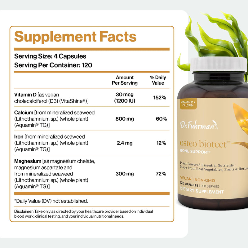 Dr. Fuhrman Osteo-Biotect Organic Calcium Bone Health Supplement with Vegan Vitamin D3 and Magnesium. Plant-Based Calcium 800mg for Natural Bone Support and Density, 120 Capsules