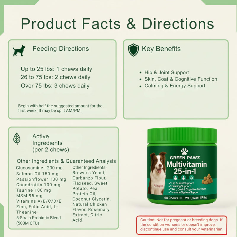 Daily 25-in-1 Dog multivitamin Designed to Support Overall Health, Combining Essential Dog Vitamins and Supplements in one Easy chew.