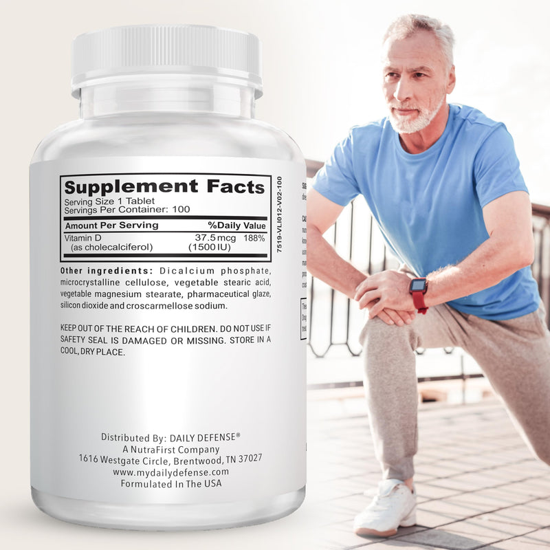 Immune Defense Supplements Vitamin D3 1500 IU for Heart Health, Daily Immune Support, Mental Clarity, & Muscle Function - 100 Vitamin D Tablets (D3 1500 IU) 100 Count (Pack of 1) 1500IU