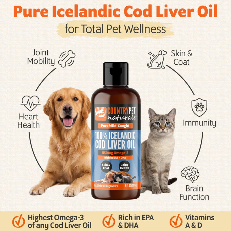 Wild-Caught Pure Icelandic Cod Liver Oil for Dogs & Cats 8oz, Single-Ingredient, 1150 mg Omega-3, High EPA/DHA, Natural Vits A&D, Supports Healthy Skin, Coat & Mobility, 8oz bottle 8 oz
