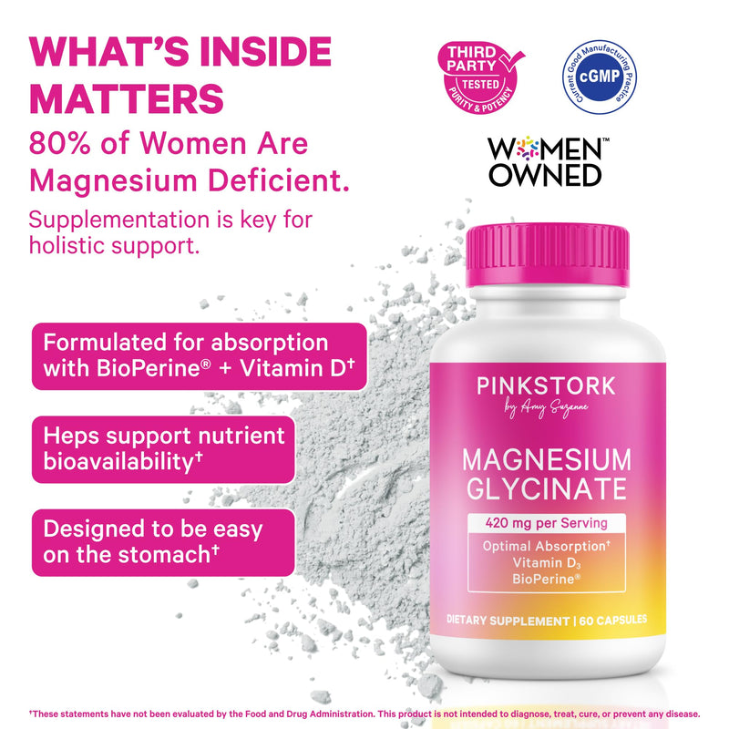Pink Stork Magnesium Glycinate with Vitamin D for Women, 60 Servings | Magnesium Supplement, Support Natural Calm and Quality Sleep, Hormone Balance for Women, 2 Month Supply Unflavored 60 Count (Pack of 2)