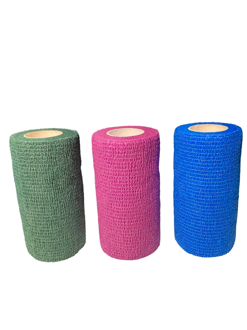 Horse Leg Wrap Cotton Sheets BB Satin Star Set with (12) 36" x 30" Sheets (Six Double Layers) and (3) Cohesive Elastic Wraps 4" x 5yd (Three Colors) - Hunter Green, Purple & Blue - Horse First Aid Kit - BeesActive Australia
