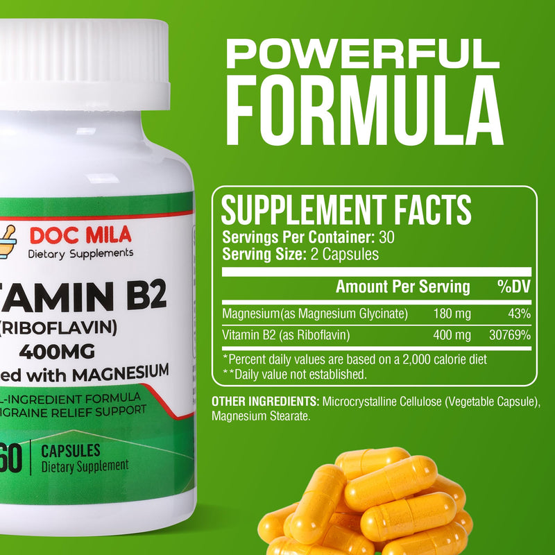 Vitamin B2 Riboflavin 400mg Capsules – Migraine Relief Supplement for Kids & Adults – Headache Support – Vegan Vitamin Tablets – 60 Pills (200mg per Capsule)