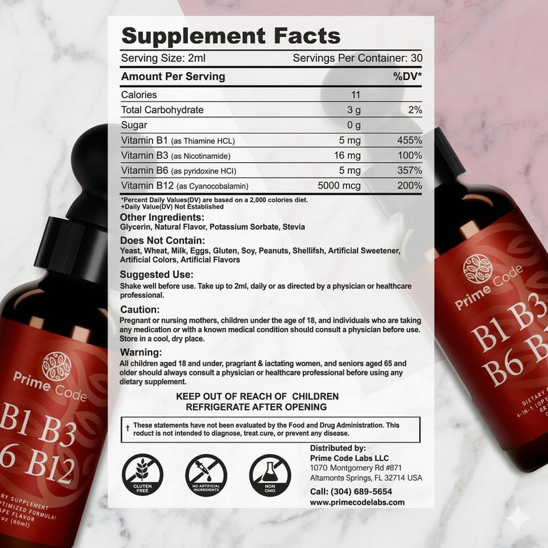 Prime Code Liquid Vitamin B1 Drops with Vitamin B3 B6 & B12 | B Complex Liquid Supplement | Thiamine Supplement for Adults | High Absorption | Immune Support | Non-GMO | Gluten-Free