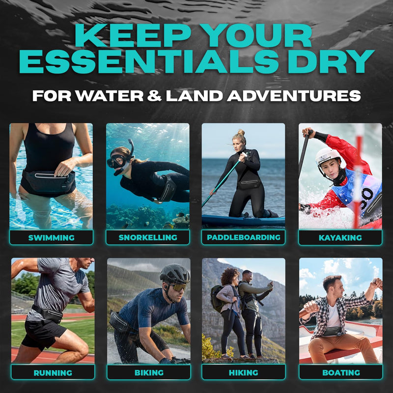 Drench 100% Underwater Waterproof Fanny Pack. Waist Pack. Submersible Waterproof Phone Pouch. Dry Bag for Swimming, Boating, SUP & Snorkelling. Underwater Phone case. Floating Belt Bag Black Fanny Pack - BeesActive Australia