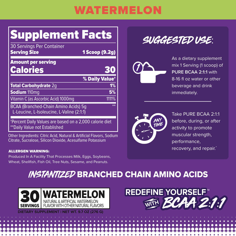 FINAFLEX PURE BCAA 2:1:1, Watermelon - 9.7 oz - Promotes Strength, Recovery & Performance - With 2:1:1 Ratio of Leucine, Isoleucine & Valine + Vitamin C - 30 Servings 9.7 Ounce (Pack of 1)