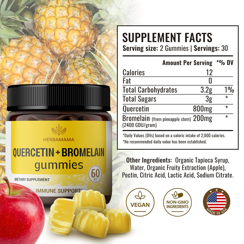 HERBAMAMA Quercetin with Bromelain Gummies - Quercetin Supplement for Respiratory and Lung Health - Immunity Quercetin Gummies - 60 Vegan Non-GMO Apple-Flavored Chews - BeesActive Australia