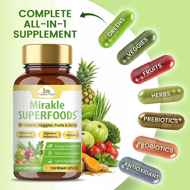 Organic Veda Mixed Greens Veggies Super Fruits Antioxidants Supplement with Digestive Pre & Probiotics - Mirakle Superfoods 40+ Organic Whole Food Nutrients, Vitamin C, Resveratrol - 120 Capsules