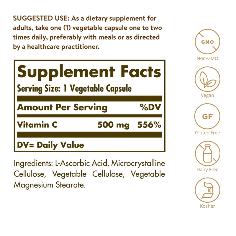 Solgar Vitamin C 500 mg, 250 Vegetable Capsules - Overall Health | Antioxidant & Immune Support - Supports Healthy Skin & Joints - Non GMO, Vegan, Gluten Free, Kosher - 250 Servings Unflavored 250 Count (Pack of 1)