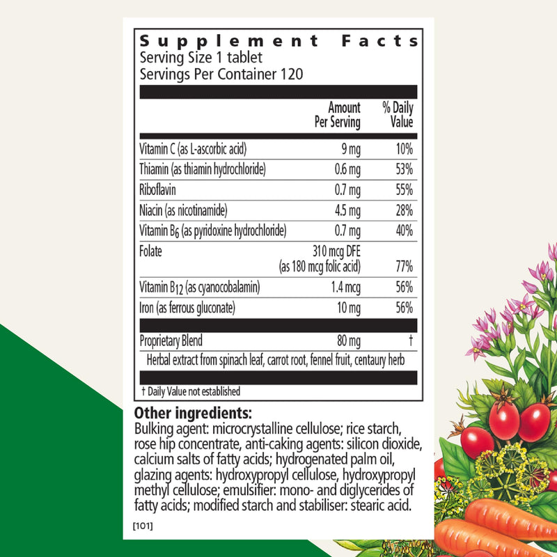 Floradix Iron Tablets Supplement, Vegetarian, Gluten-Free, 120 Tablets | Iron Supplement with B Vitamins, Folic Acid, Vitamin C & More for Energy Support*, Vegetarian & Gluten-Free 120 Count (Pack of 1)