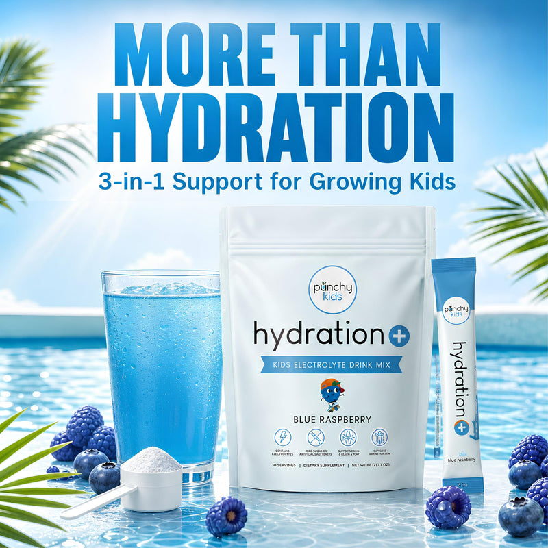 Hydration+ Electrolyte Drink Mix for Kids – Sugar Free, Immune & Bone Support with Vitamin D, Zinc & K2 – Blue Raspberry, 20 Stick Packs 20 Servings (Stick Packs)