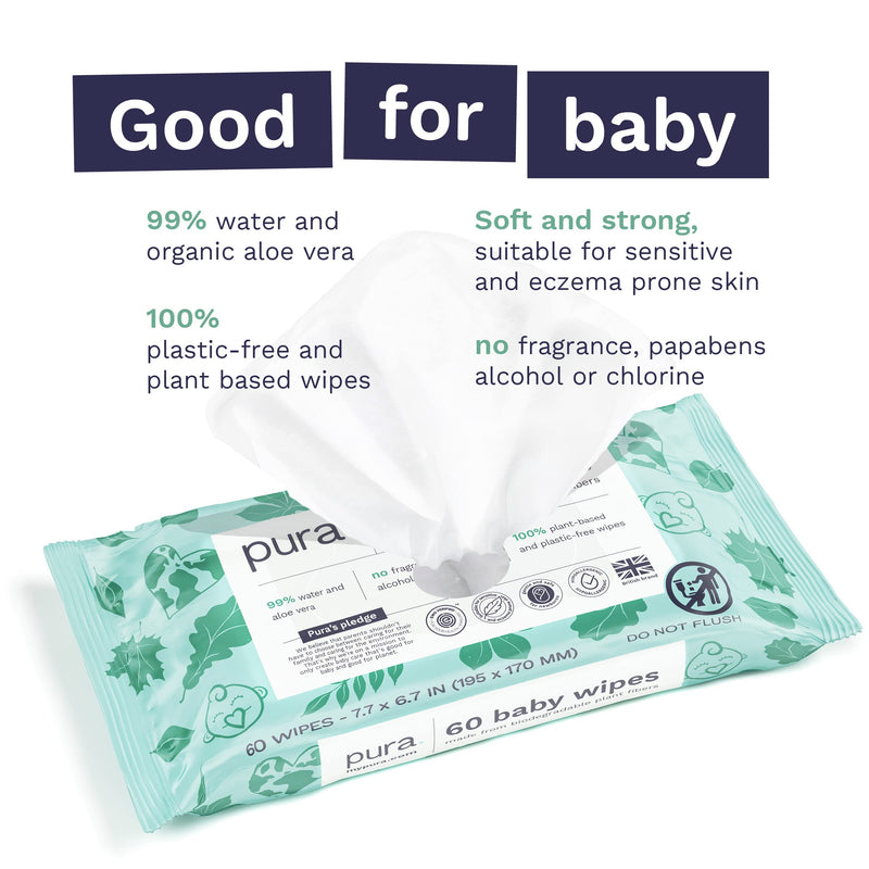 Pura Baby Wipes - 100% Plastic-Free & Plant Based Wipes, 99% Water, Suitable for Sensitive & Eczema-prone Skin, Fragrance Free & Hypoallergenic, Cruelty Free, EWG Verified, 1 Pack of 60 Wet Wipes 60 Count (Pack of 1) - BeesActive Australia