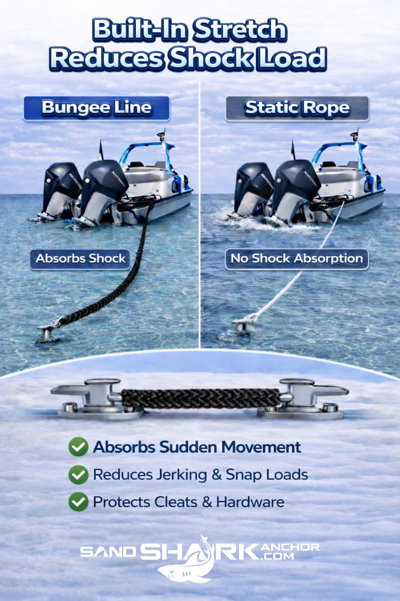SandShark Premium Anchor Bungee Dock Line. Boat Accessories Anchor Line Absorbs Shock to Anchors and Docks w/Stainless Steel Clip - Black - 7-14ft - BeesActive Australia