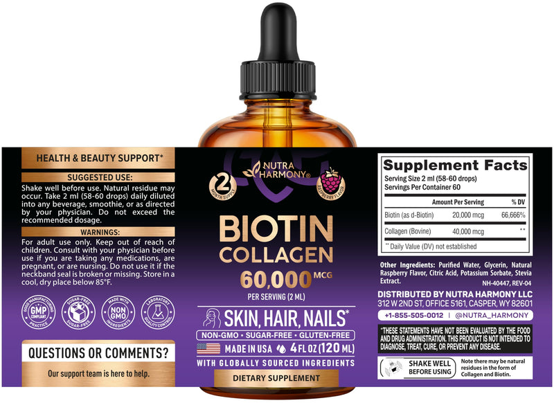 Liquid Biotin & Collagen 60,000mcg - Biotin for Hair Growth Support - 4 Oz | Liquid Collagen Supplement & Biotin - Extra Strength Drops for Women & Men - Strong Nails & Healthy Skin - Raspberry Flavor 4 Fl Oz (Pack of 1)