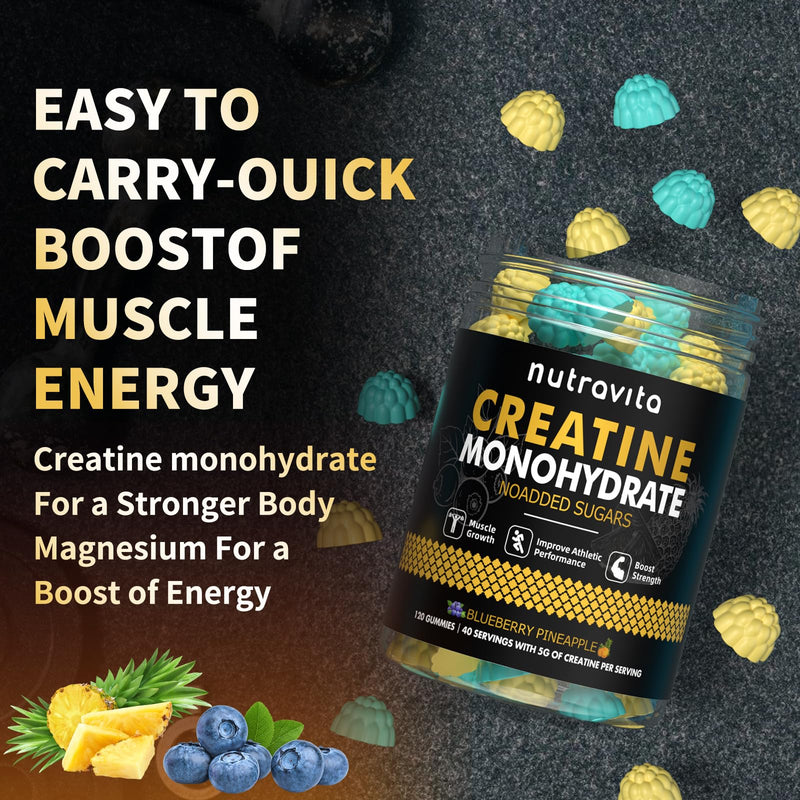 Creatine Monohydrate Gummies for Men & Women-5g of Creatine Monohydrate per Serving - Sugar Free,Vegan,Blueberry Pineapple Flavor, 120 Count Blueberry pineapple 120 Count (Pack of 1) - BeesActive Australia