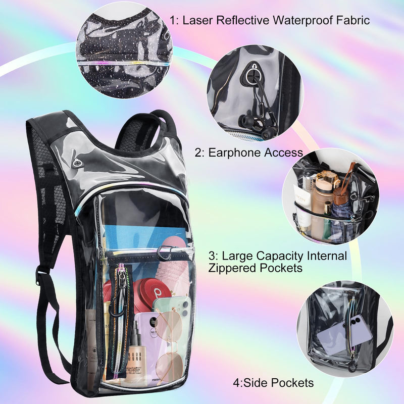 Hydration Backpack,Water Backpack with 2L Water Bladder,Festival Essential-Rave Hydration Pack,Lightweight Insulation Hydropack for Outdoor,Hiking,Running,Biking,Music Festival for Men Women Clear