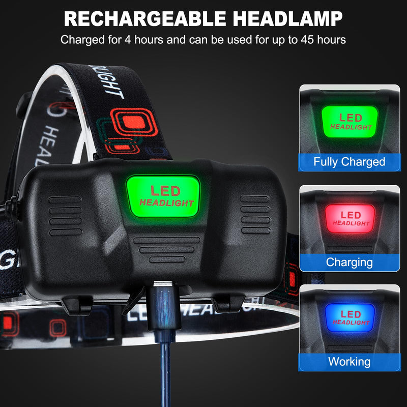 Rechargeable Headlamp 2Pack, 99000 Lumens Super Bright LED Head Lamp with 3 Modes, 90° Adjustable Head Lights for Forehead, 45H Long Runtime & IPX6 Waterproof HeadLamps for Camping Hunting Hiking 2