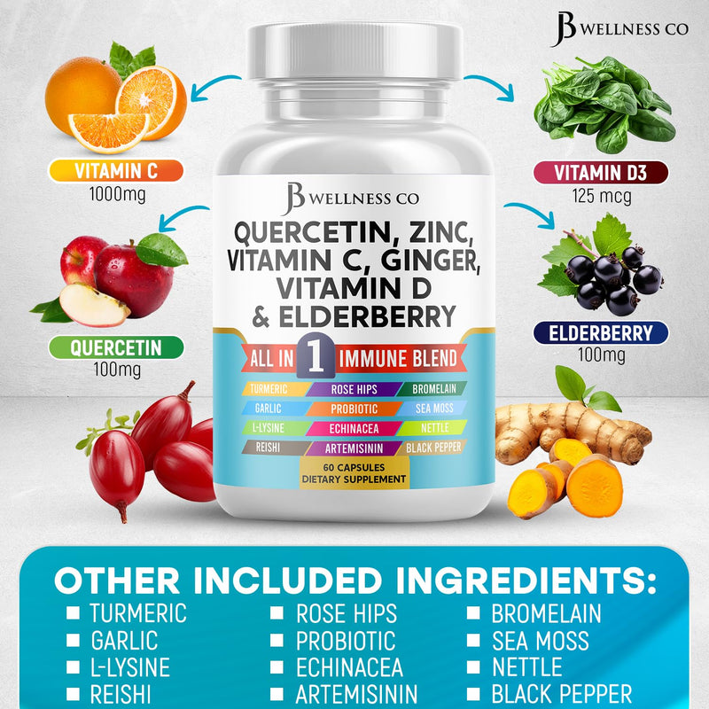 Quercetin Zinc Vitamin C Vitamin D Bromelain Elderberry - Nettle Supplement with Artemisinin, Sea Moss, Echinacea - 120 Count 60 Count (Pack of 2)