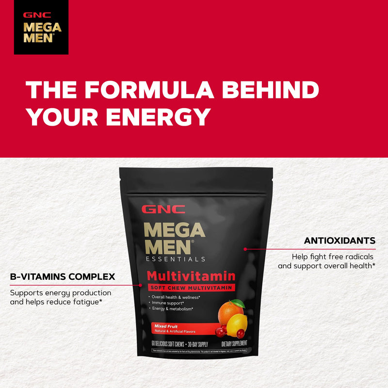 GNC Mega Men Soft Chew Multivitamin for Men | Energy & Metabolism Support | Gluten Free | Mixed Fruit | 60 Count | Supports Immune Health, Provides B Vitamins for Energy Production, Supports Carbohydrate Metabolism, Gluten-Free