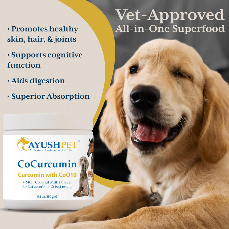 Ayush Herbs Ayush Pet CoCurcumin with Coq10, Muscle and Joint Pet Superfood Powder, Heart and Digestion Support, Small or Large Animals, Young and Senior Pet Supplement, 5.2 Ounces - PawsPlanet Australia