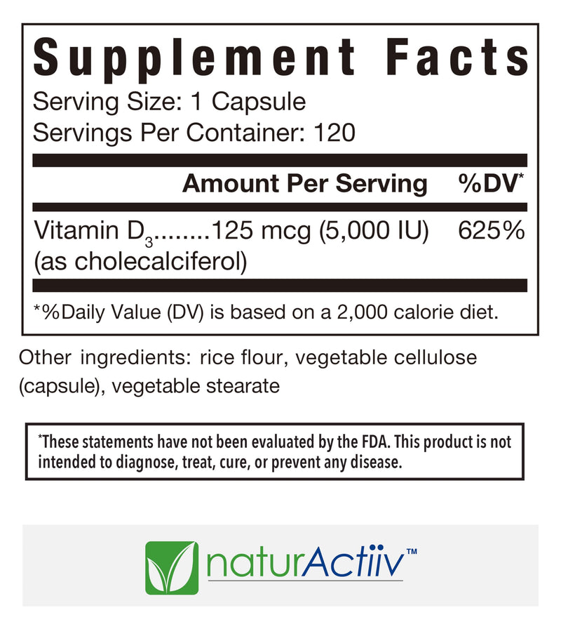 Organic VIT D3 125mcg (5000 iu) Pro Strength MiniCaps Support Bone Muscle Joint Cardio Breast Colon Immune Health Easy Swallow Fast Absorb