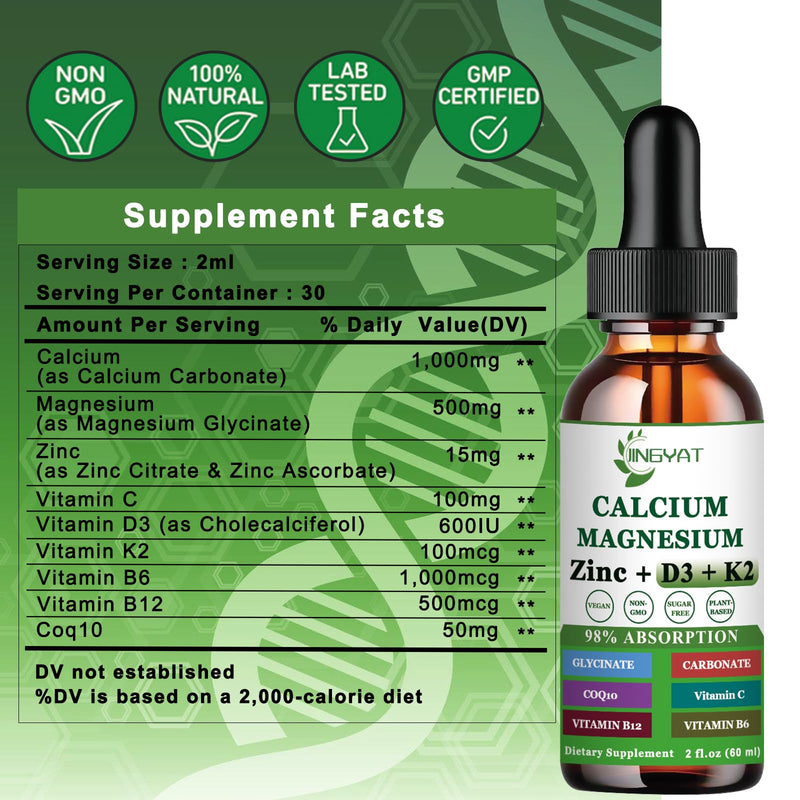 Calcium Magnesium Zinc Liquid Drops, Liquid Magnesium Glycinate 500mg Calcium 1000mg with Vitamin D3,K2,B6,B12,Coq10 for Bone Strength, Muscle Function,6X Stronger Than Gummies Capsules Mixed Berry 2 Fl Oz