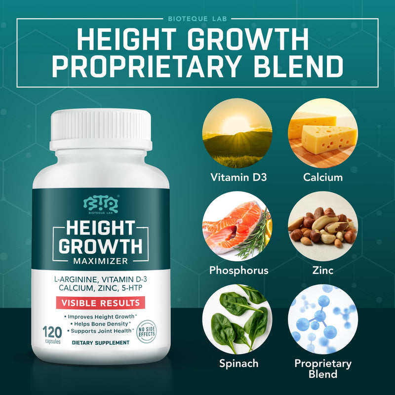 BIOTEQUELAB Height Growth Maximizer, Calcium, Vitamin D3 and Zinc Blend Pills, Bone Growth Supplement for Kids and Teens, Bone Strength, Density Support, GMO-Free, Gluten-Free, Made in USA, 180 Caps 180 Count (Pack of 1)