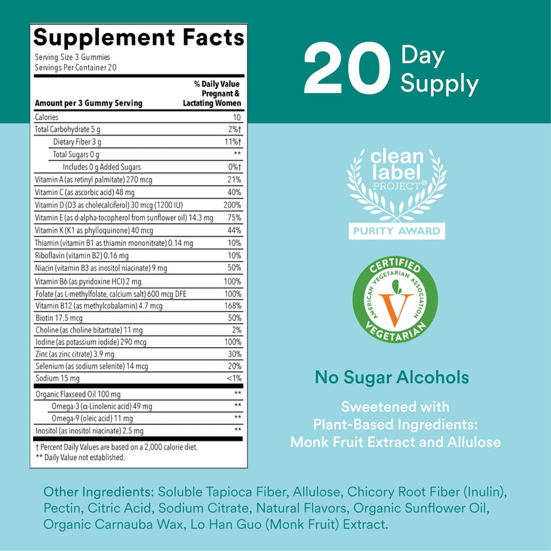 SmartyPants Prenatal Vitamins for Women, Sugar Free Multivitamin Gummies: Methylfolate, Omega 3 (ALA) Vitamin D3, C, Vitamin B12, B6, A, K & Zinc, Inositol, Erythritol Free, 60 Count (20 Day Supply) Old Formula