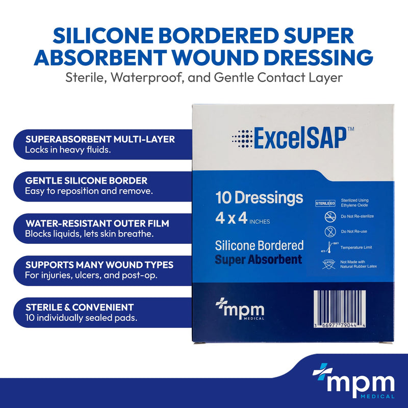 MPM Medical Excel SAP Silicone Bordered Superabsorbent Dressing 4x4, 10 Ct
