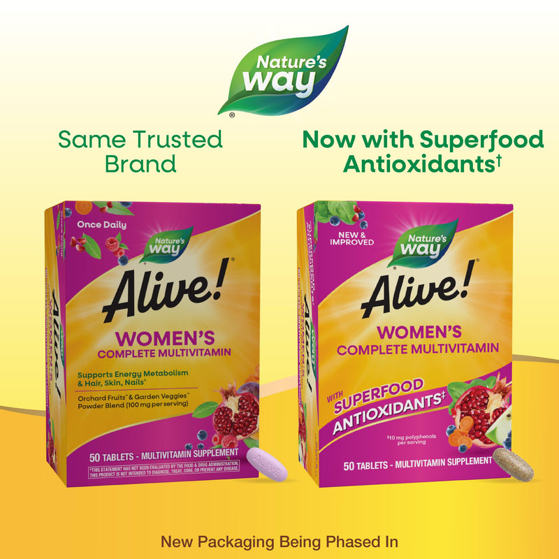 Nature's Way Alive! Women's Energy Multivitamin Tablets, Supports Cellular Energy*, Fruit and Veggie Powder Blend (100mg per Serving), 50 Tablets, (Pack of 2) 50 Count (Pack of 2)